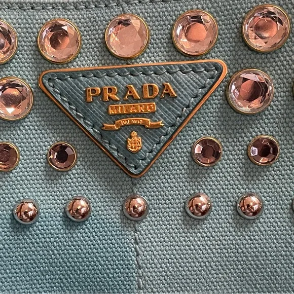 Prada Turquoise Studded Canvas Tote with Detachable Strap COA - Picture 15 of 16